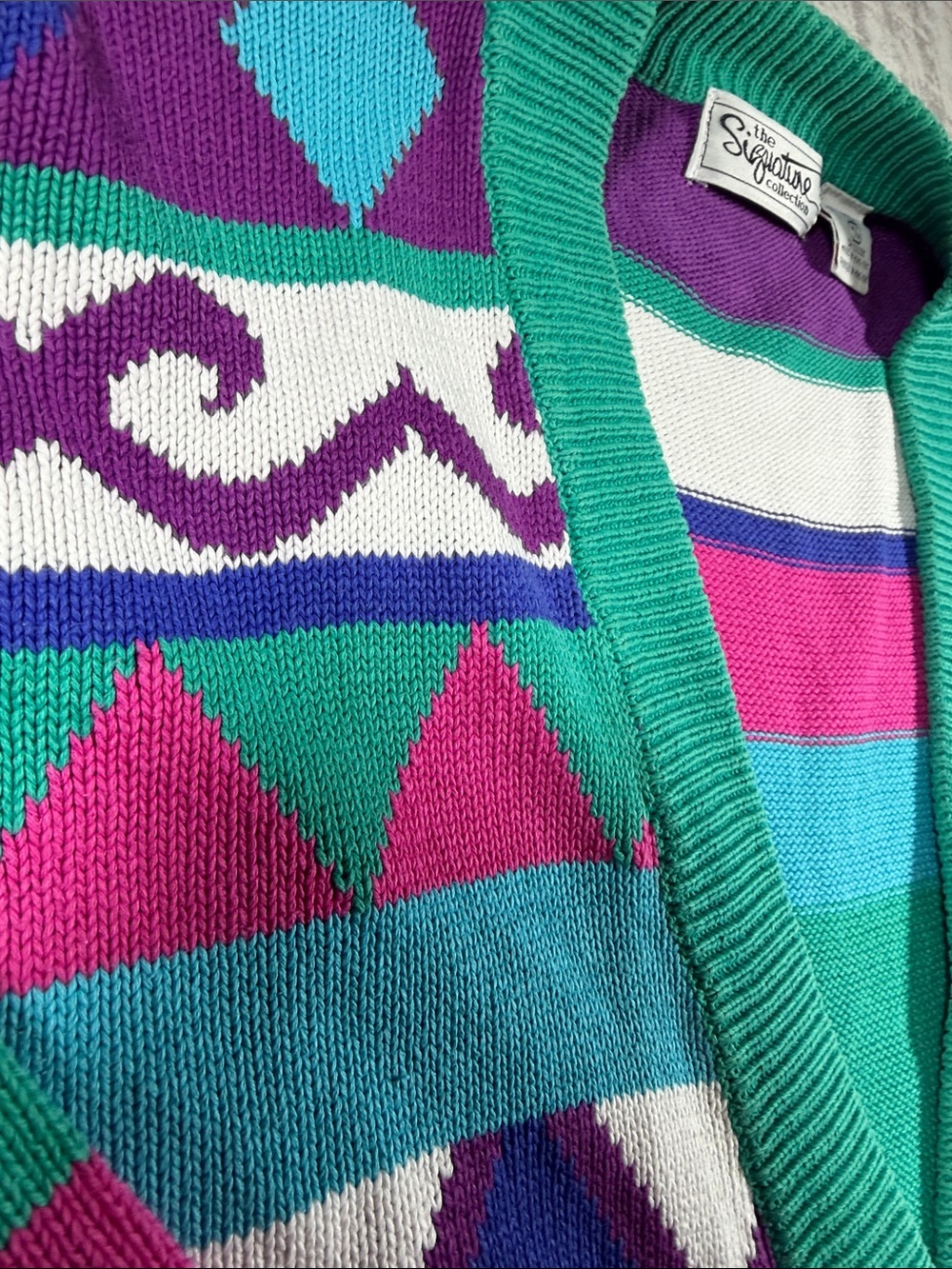 Signature Vintage  Teal, Purple & Pink Geometric Button-Up Cardigan sz M 24X20.5 - Picture 4 of 14